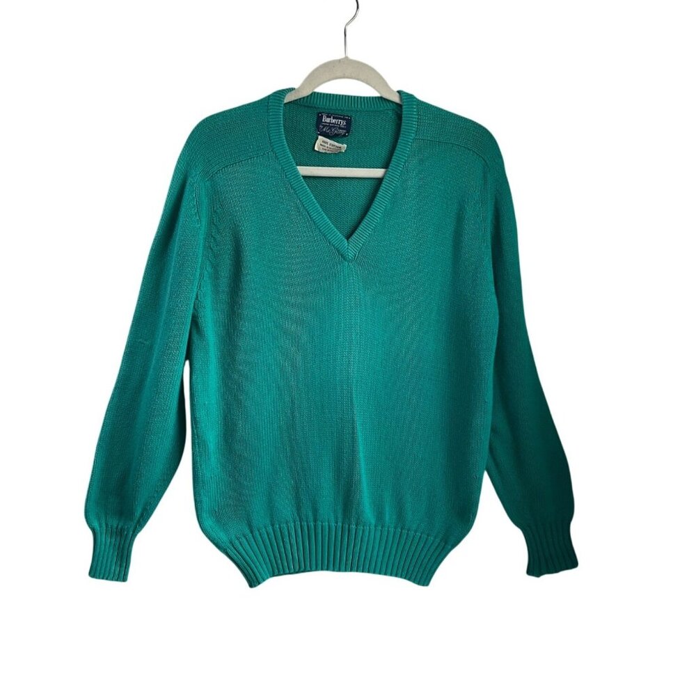VTG Burberrys Large Pull Over Sweater Jumper V Neck Green Made Scotland